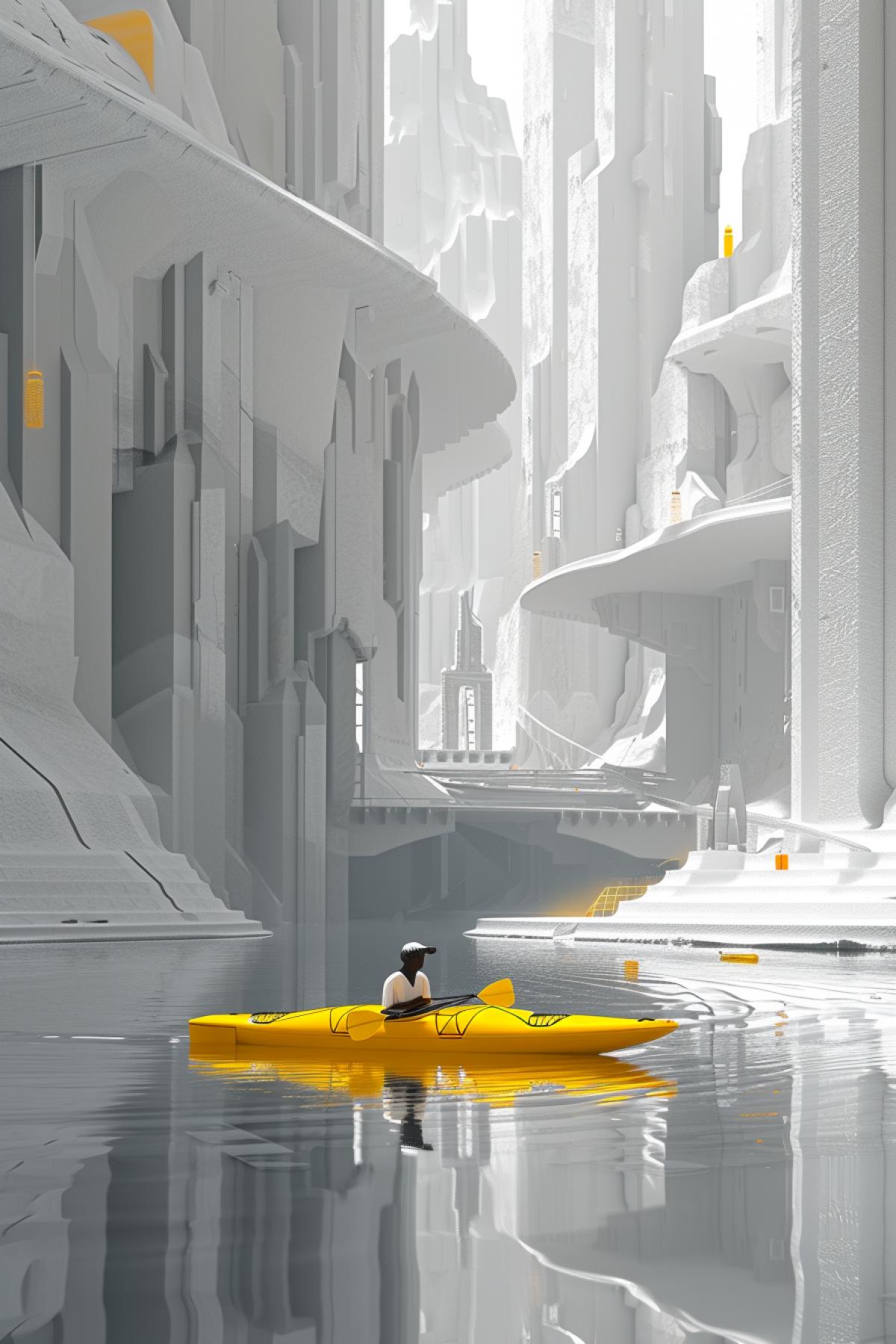 Rafting in the style of futuristic urbanity, light gray and light yellow, minimalist: spare simplicity, urbancore, detailed world-building, modern urban, high-angle