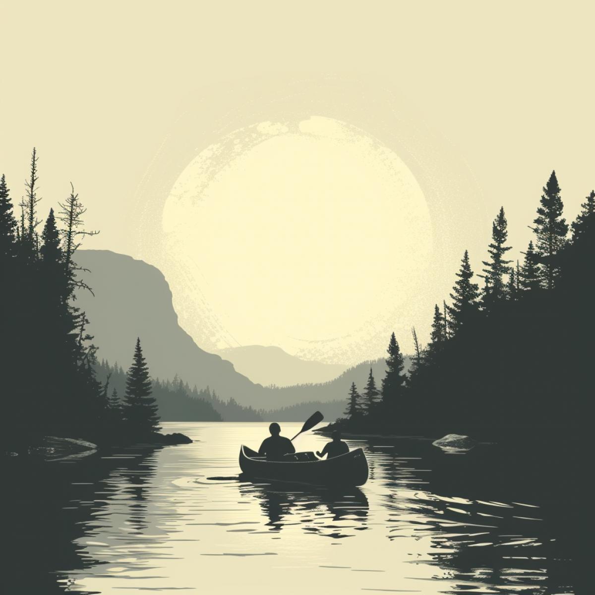 Canoe rafting in the style of minimalist monochromatic landscapes