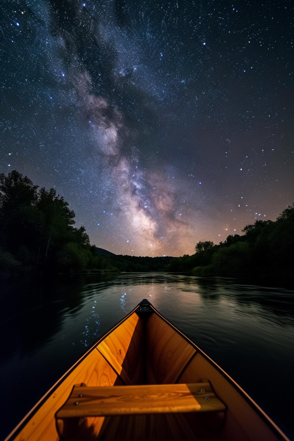 a rafting boat in a river with lots of stars and milky, in the style of green and amber, calming symmetry, large format lens, 32k uhd, hudson river school, outdoor scenes