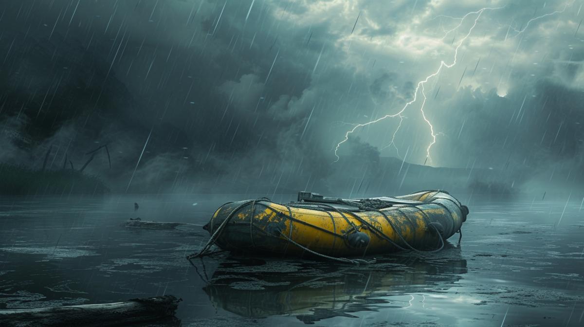 Abstract, lost at sea in lightning storm on a makeshift wooden rafting, Artistic, realistic
