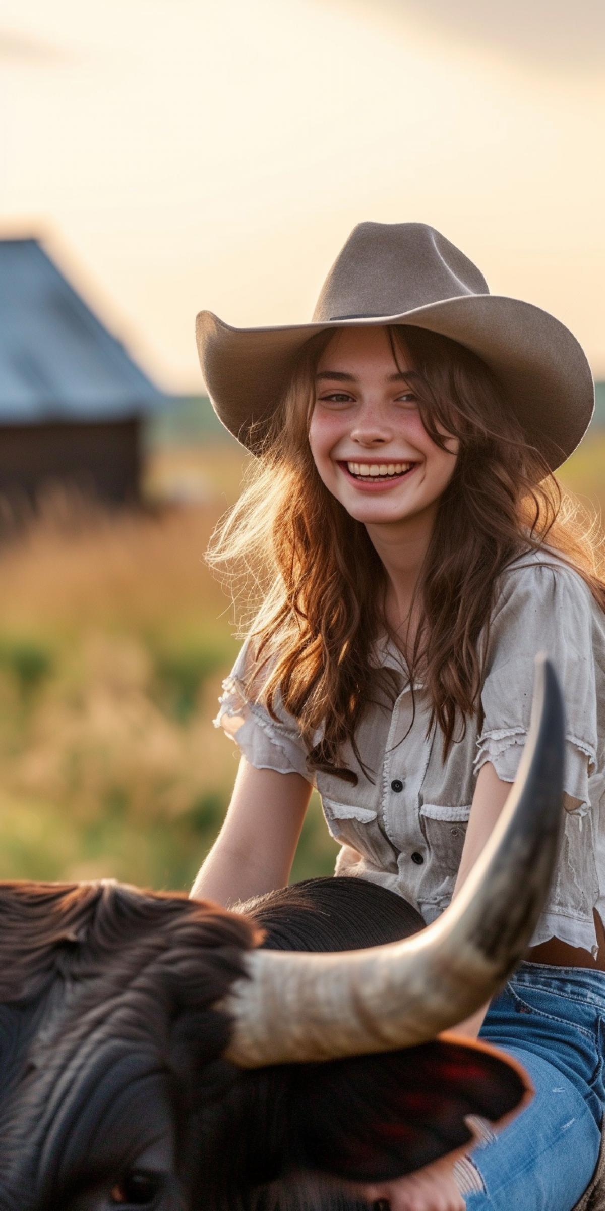 Cheerful Russian girl in cowboy hat sitting on a bull, beautiful Russian village in the background, hot summer, laughter