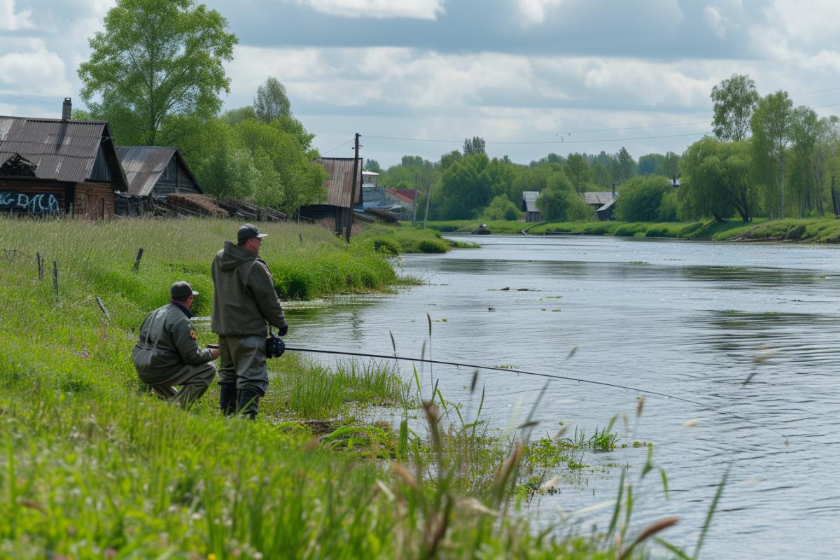 Russian Village on the river bank, fishermen with a fishing rod and catch fish