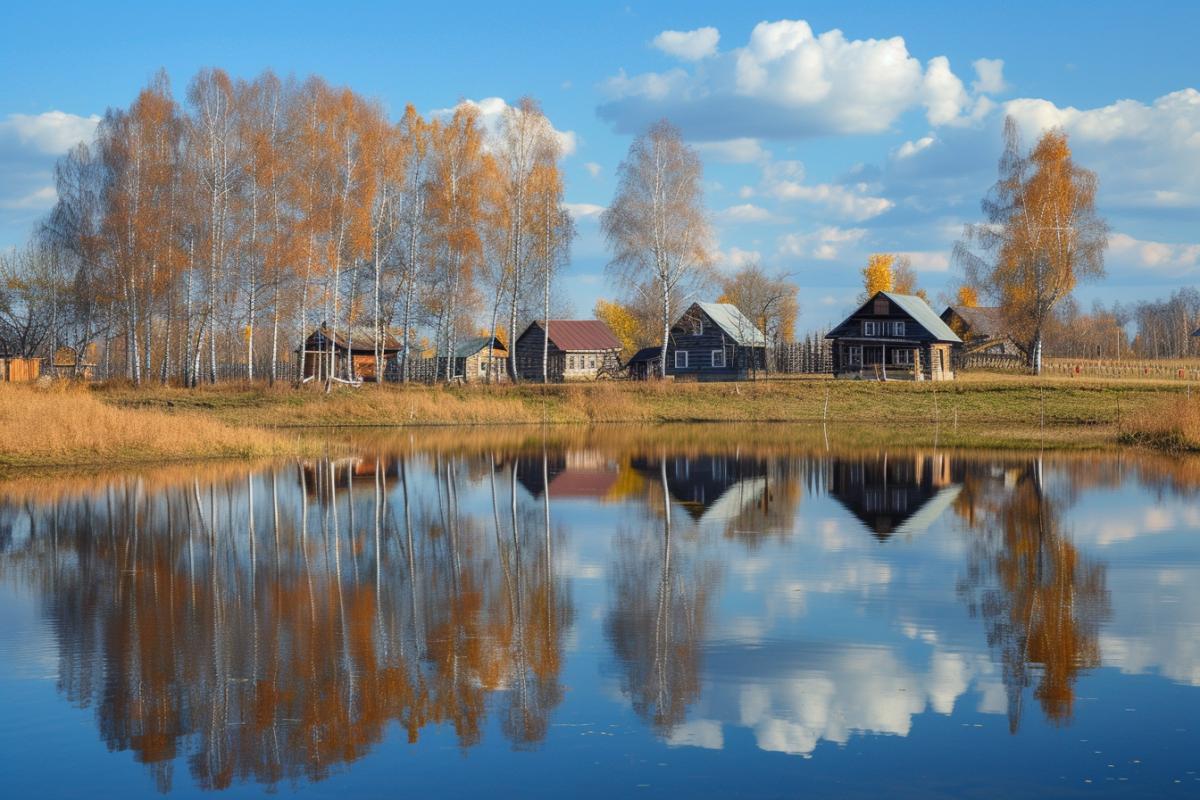 Russian village near birch groves, pond