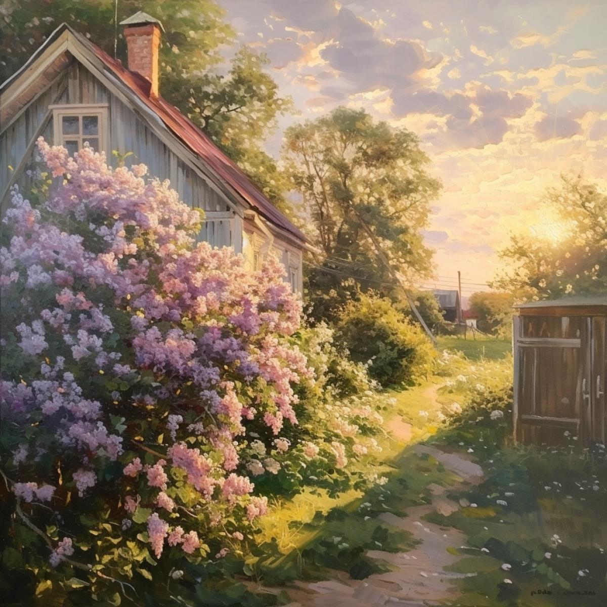 Lilac bushes near a Russian village house, sunlight, golden hour