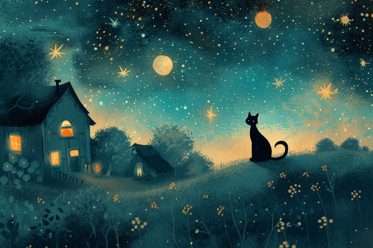 Illustration, night core, blue and turquoise, in the style of Amanda Clarke, Mandy Disher, charming, idyllic country scenes, with a cat, sparkly, Alma Woodsey Thomas, konica big mini, art group stars (xing xing) in a whimsical naive art style, nostalgic atmospherear 3:4 stylization 750 v 6