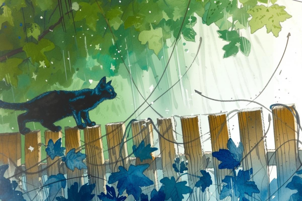 Illustration, night core, blue and turquoise, in the style of Amanda Clarke, Mandy Disher, charming, idyllic country scenes, with a cat on the fence, shiny, Alma Woodsey Thomas, konica big mini, art group stars (xing xing) in the style of whimsical naive art, nostalgic atmospherear 3:4 stylization 750 v 6