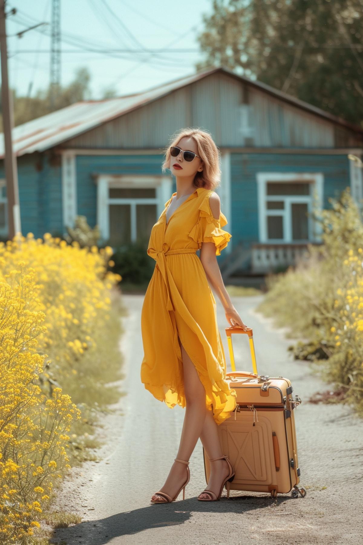 In the middle of asphalt narrow road background meadow and far away village houses stands beautiful 30-year-old woman wearing mini and high heels sunglasses fat with big suitcase sunny mayday smell of blossom and freshness peace and happiness