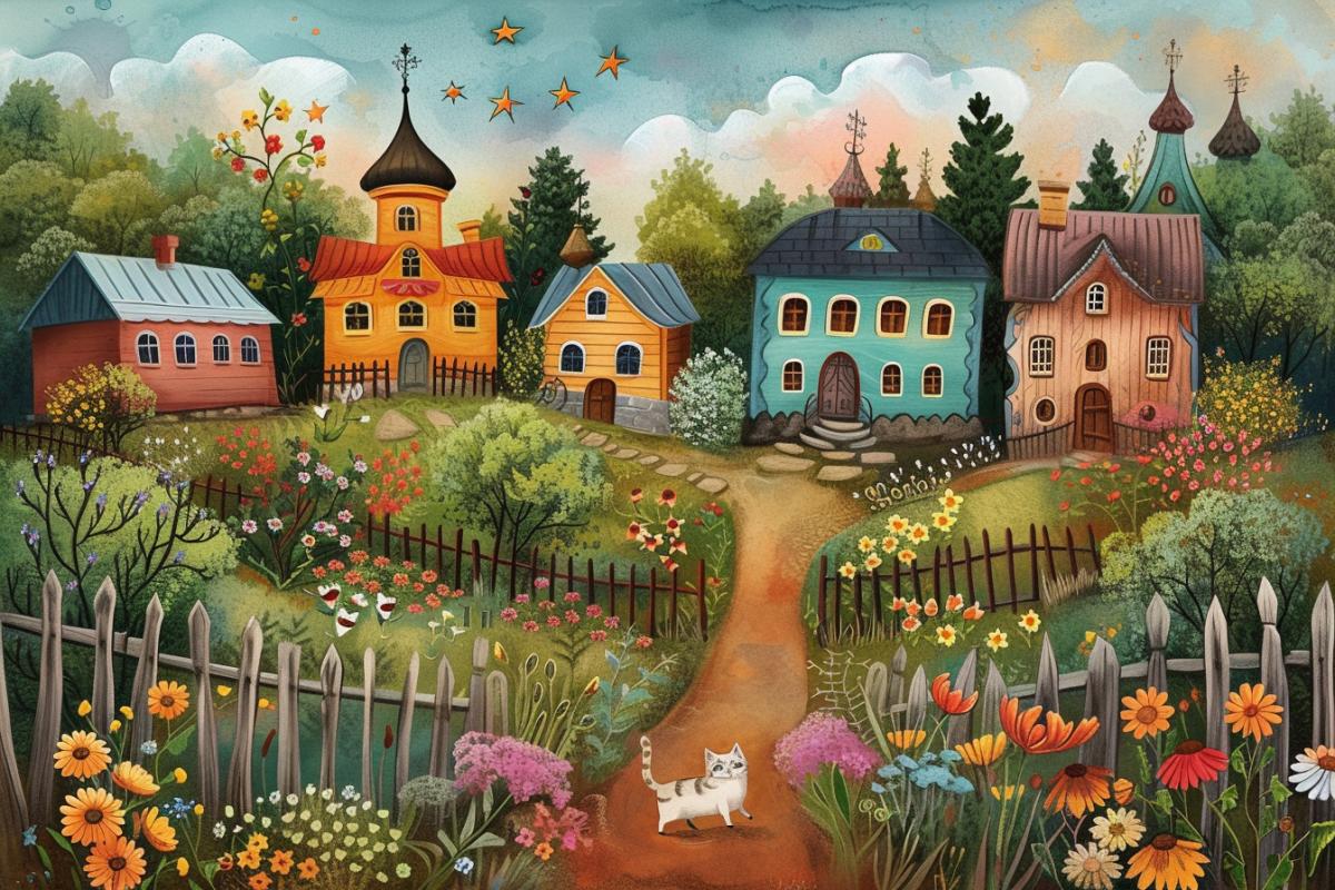 Illustration, bright rich colors, in the style of Amanda Clarke, Mandy Disher, charming, idyllic rustic Russian scenes, with a cat, shiny, Alma Woodsey Thomas, konica big mini, art group stars (xing xing) in the style of whimsical naive art, nostalgic atmospherear 3:4 style 750 v 6