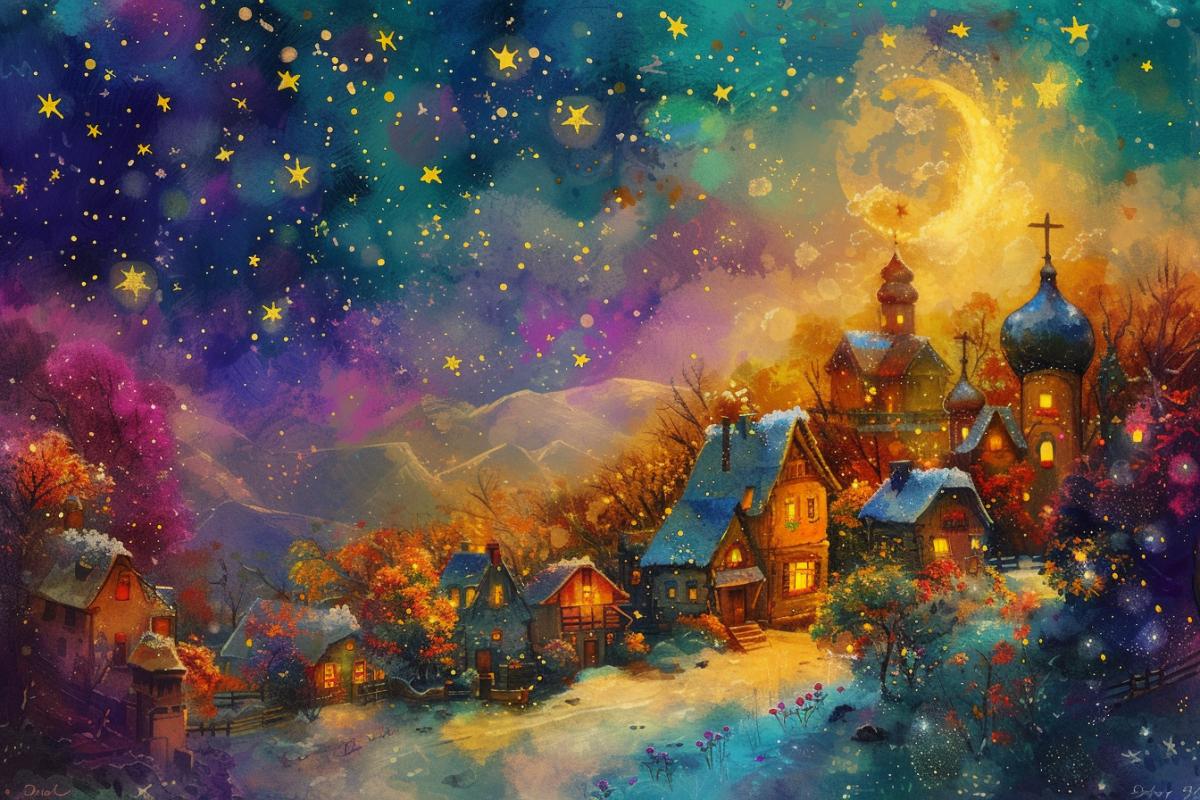 Illustration, bright rich colors, styled by Amanda Clarke, Mandy Disher, enchanting, idyllic rustic Russian scenes, equinox celebration, glittery, Alma Woodsey Thomas, konica big mini, stars (xing xing) art group in whimsical naive art style, nostalgic atmospherear 3:4 stylization 750 v 6
