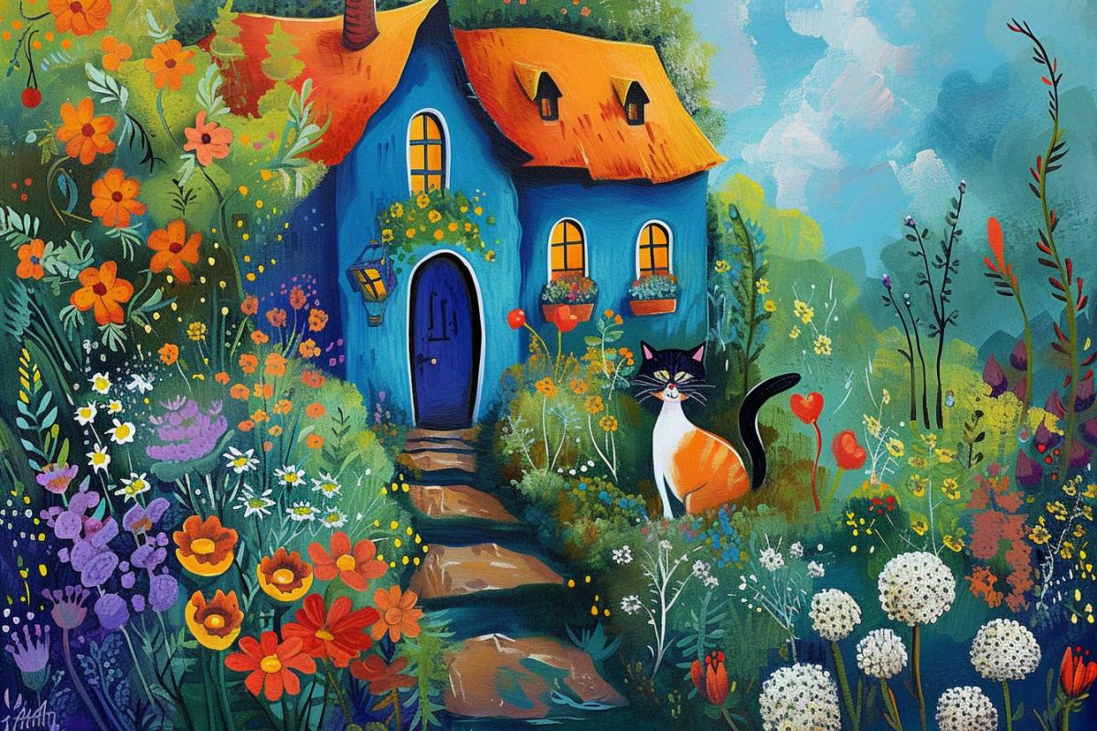 Illustration, bright rich colors, in the style of Amanda Clarke, Mandy Disher, charming, idyllic rustic Russian scenes, with a cat, shiny, Alma Woodsey Thomas, konica big mini, art group stars (xing xing) in the style of whimsical naive art, nostalgic atmospherear 3:4 style 750 v 6