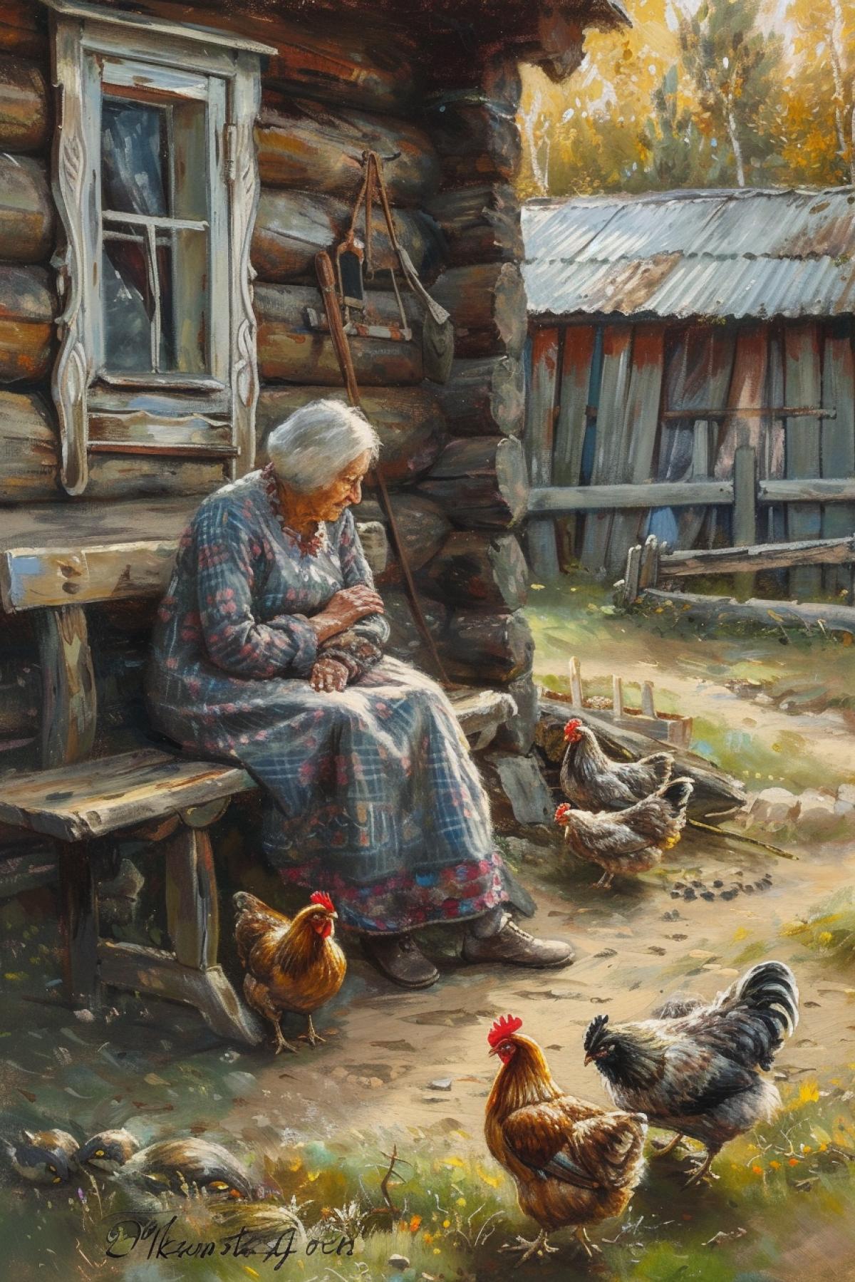 Russian village, grandmother on a bench, cat, chickens, clear weather, sun