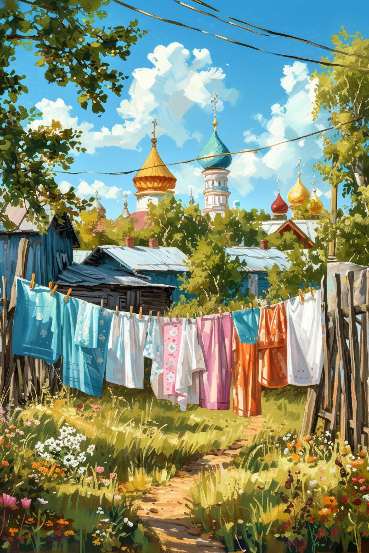 cheerful Russian village, clothes drying on a line. caricature