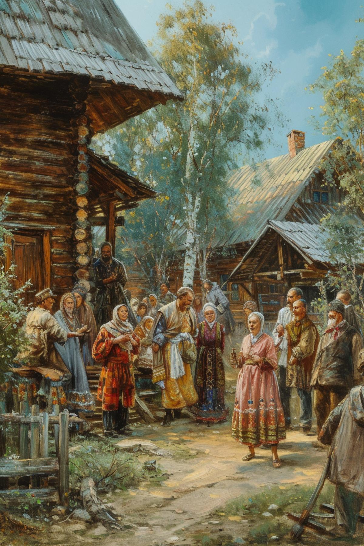 Russian-Slavic village, beautiful wooden huts, people in traditional Slavic and Russian attire, high detail, good quality, painting