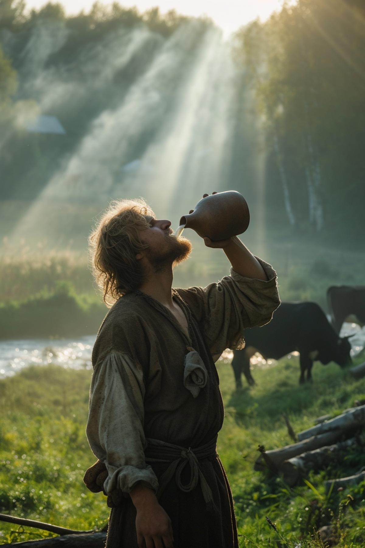 Russian village. Early morning, summer, light fog. A blond man with a strong build stands at full height and greedily drinks milk from a clay jug. The man is dressed as a shepherd. Cows are grazing in the background. Meadow, small river. The photo was taken from the bottom up, the rays of the sun are visible .