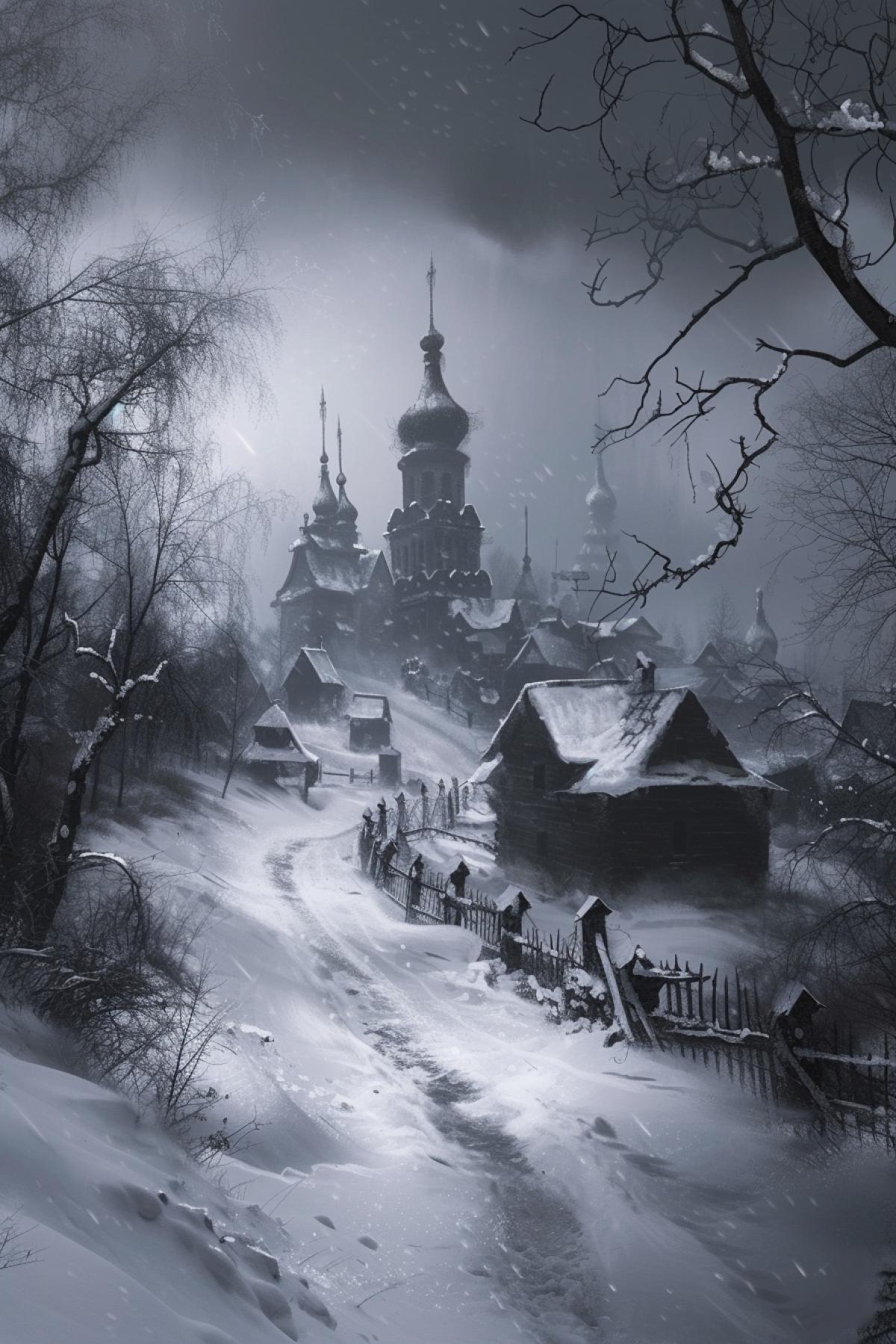 Landscape of a Russian village in the style of dark fantasy