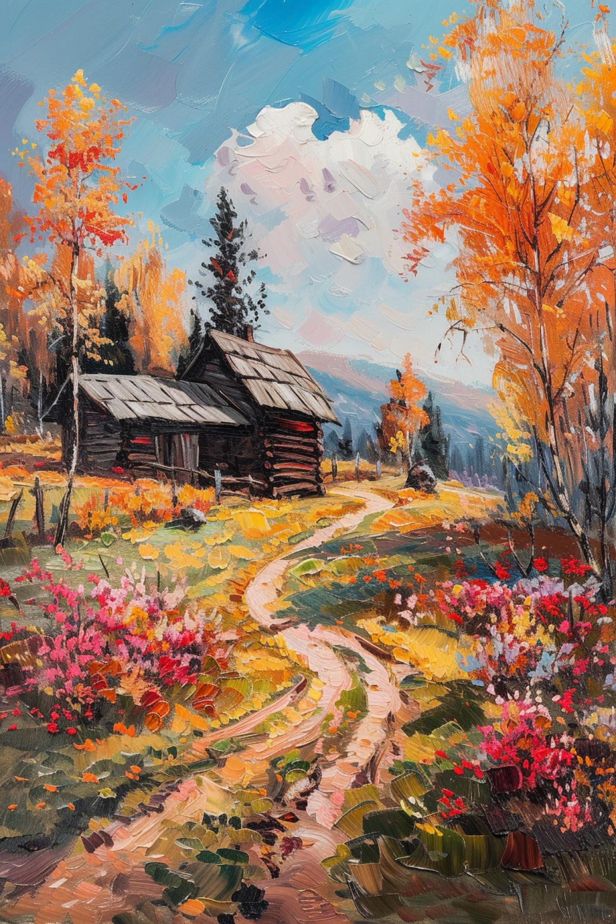 Landscape of a Russian village in the style of Leonid Afremov