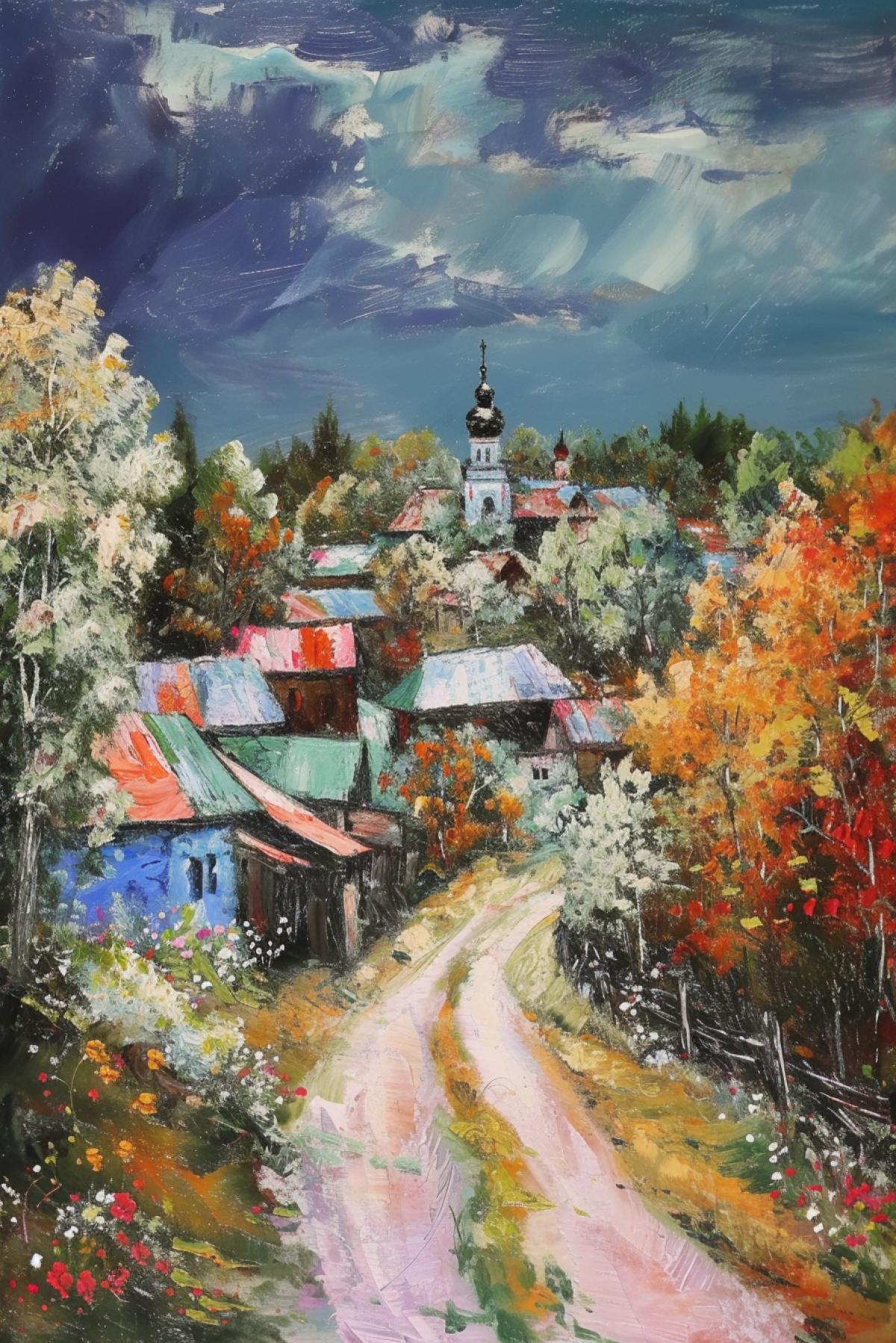 Landscape of a Russian village, Arthur Boyd style
