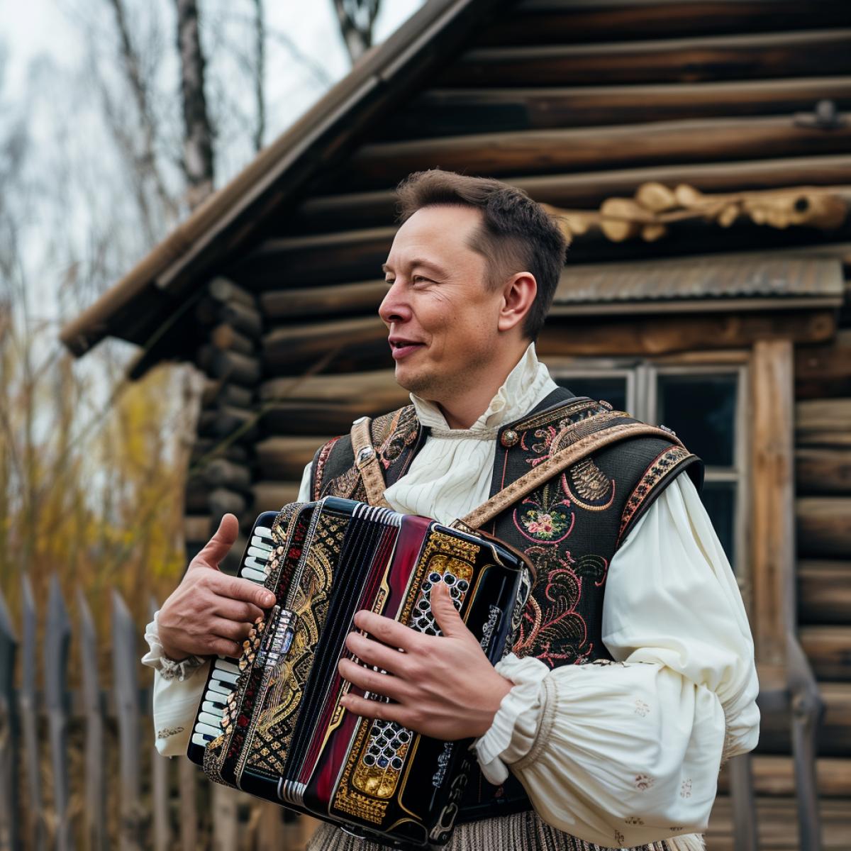 Elon Musk in Russian folk clothes is playing the accordion, with a wooden hut in the background . Canon EF 50mm f/1.8 STM Lens