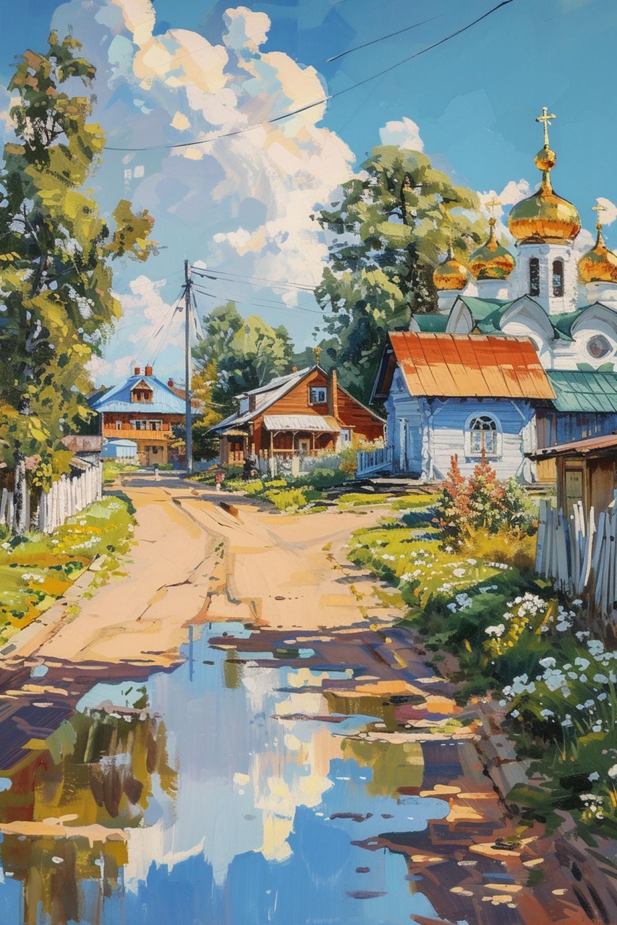 Russian village in the style of Howard Behrens