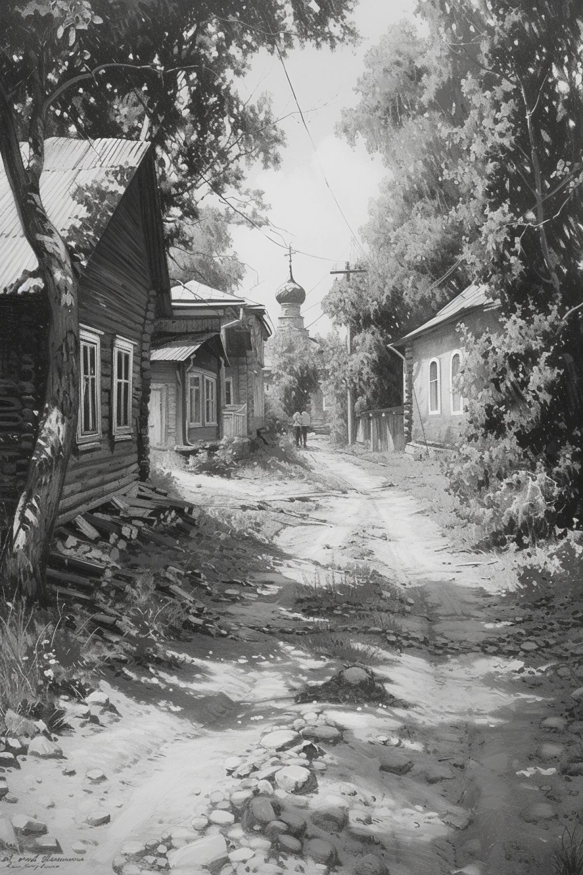Russian village in the style of Paul Cadden