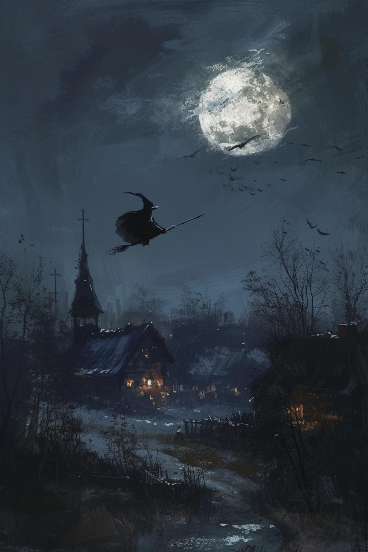 Russian village, 18th century, dusk, night, moon, witch on a broom flying across the sky, the style of dark fantasy, by Jakub Rozalski
