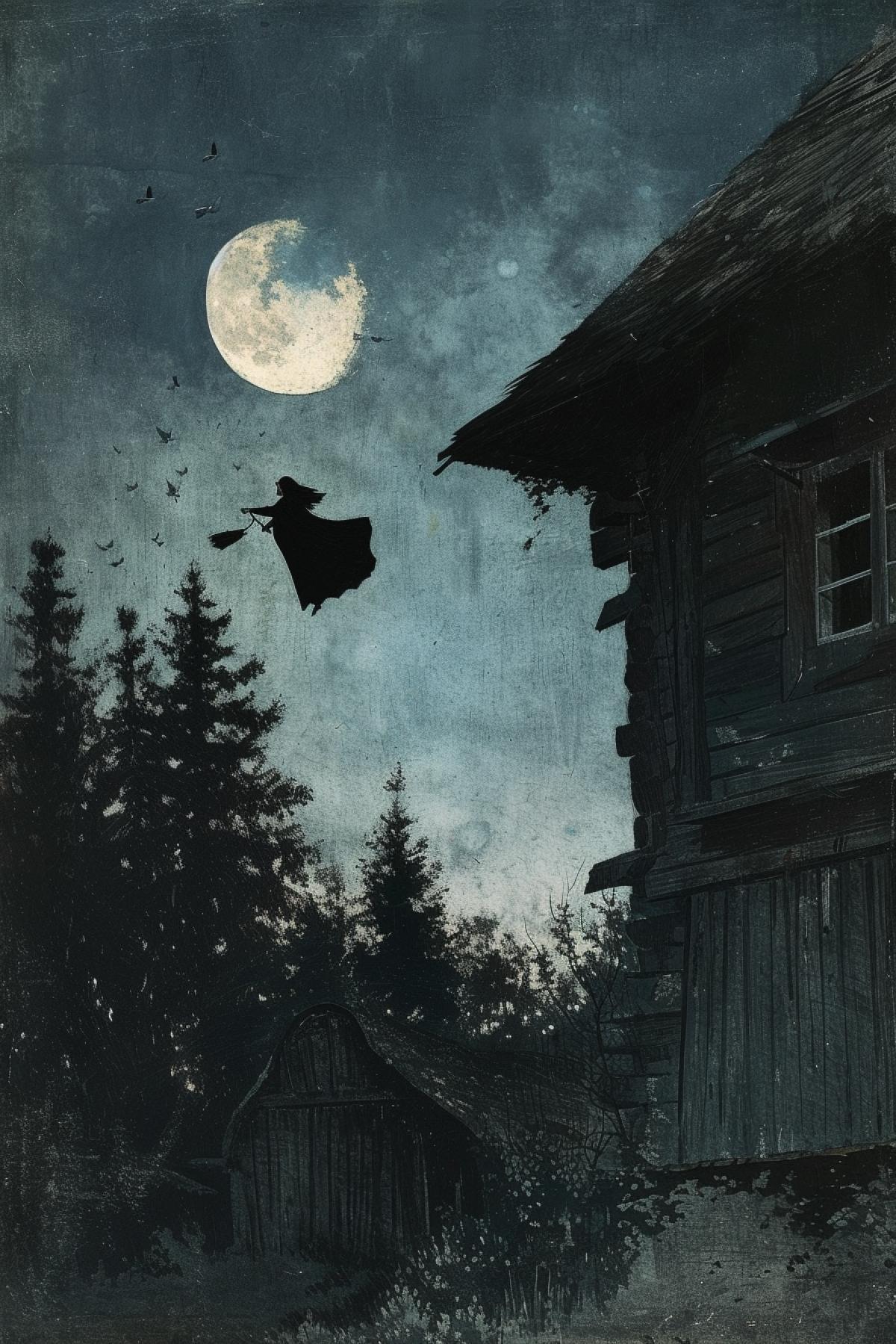 Russian village, 18th century, dusk, night,Baba Yaga is flying across the sky, moon, witch on a broom flying across the sky, the style of dark fantasy, by Robert Bechtle