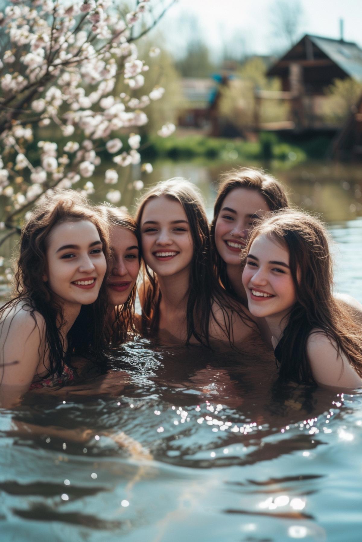 Several beautiful young women luxury and swimming in village pond on the background of trees in blossom and far village houses smiles tenderness happiness