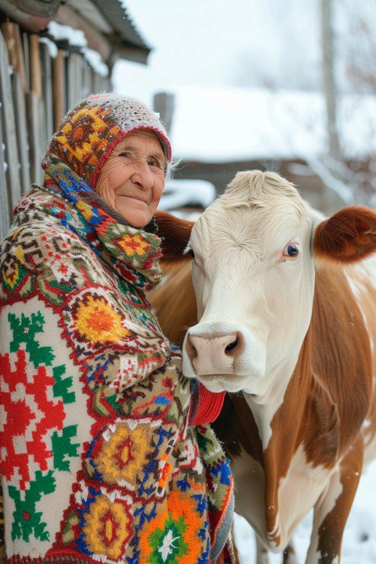 cheerful Russian grandmother stands next to cow who are dressed in woolen knitted sweaters in a Russian village