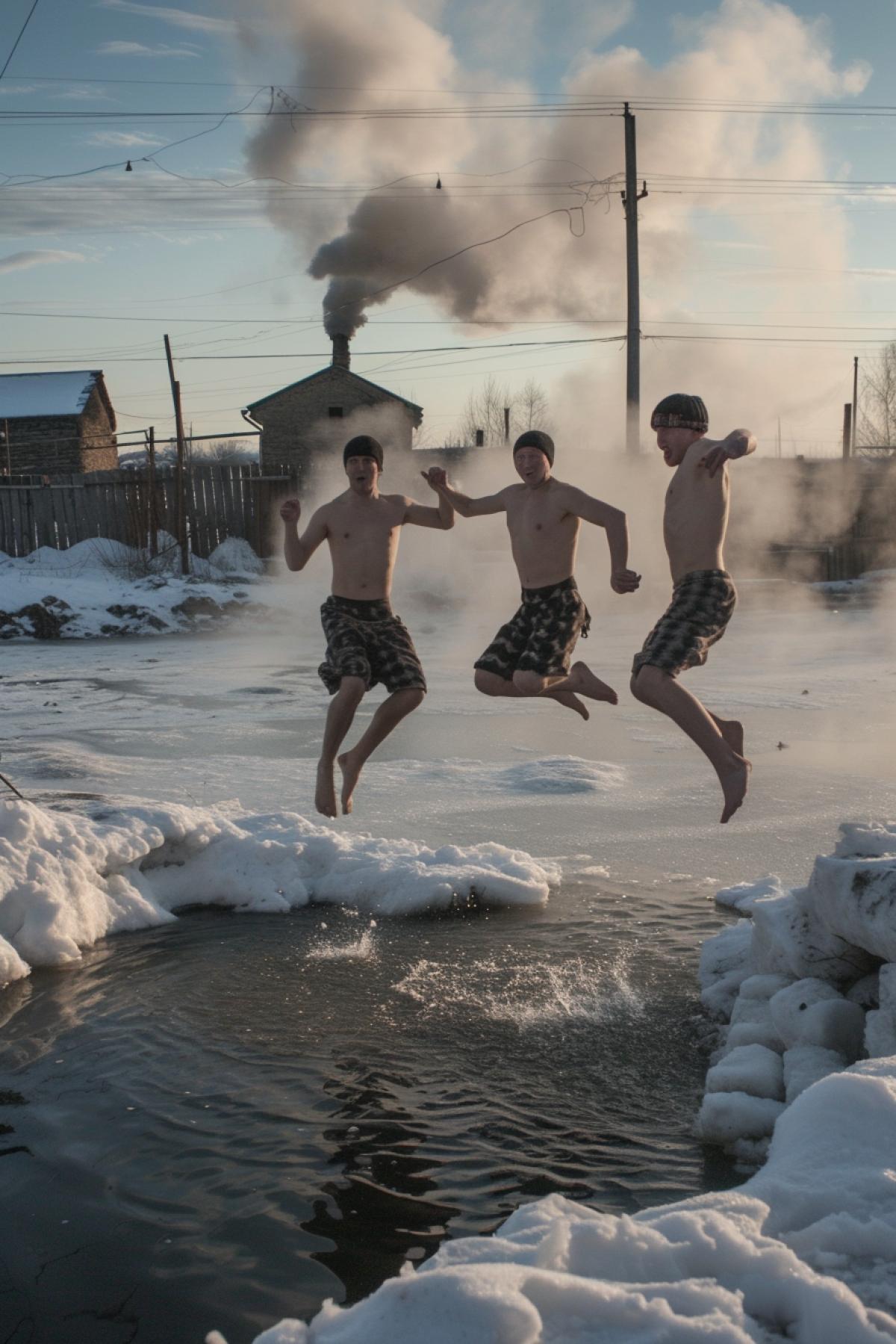 Winter near village bathhouse smoke from chimney three hot men jumping into snow near pond