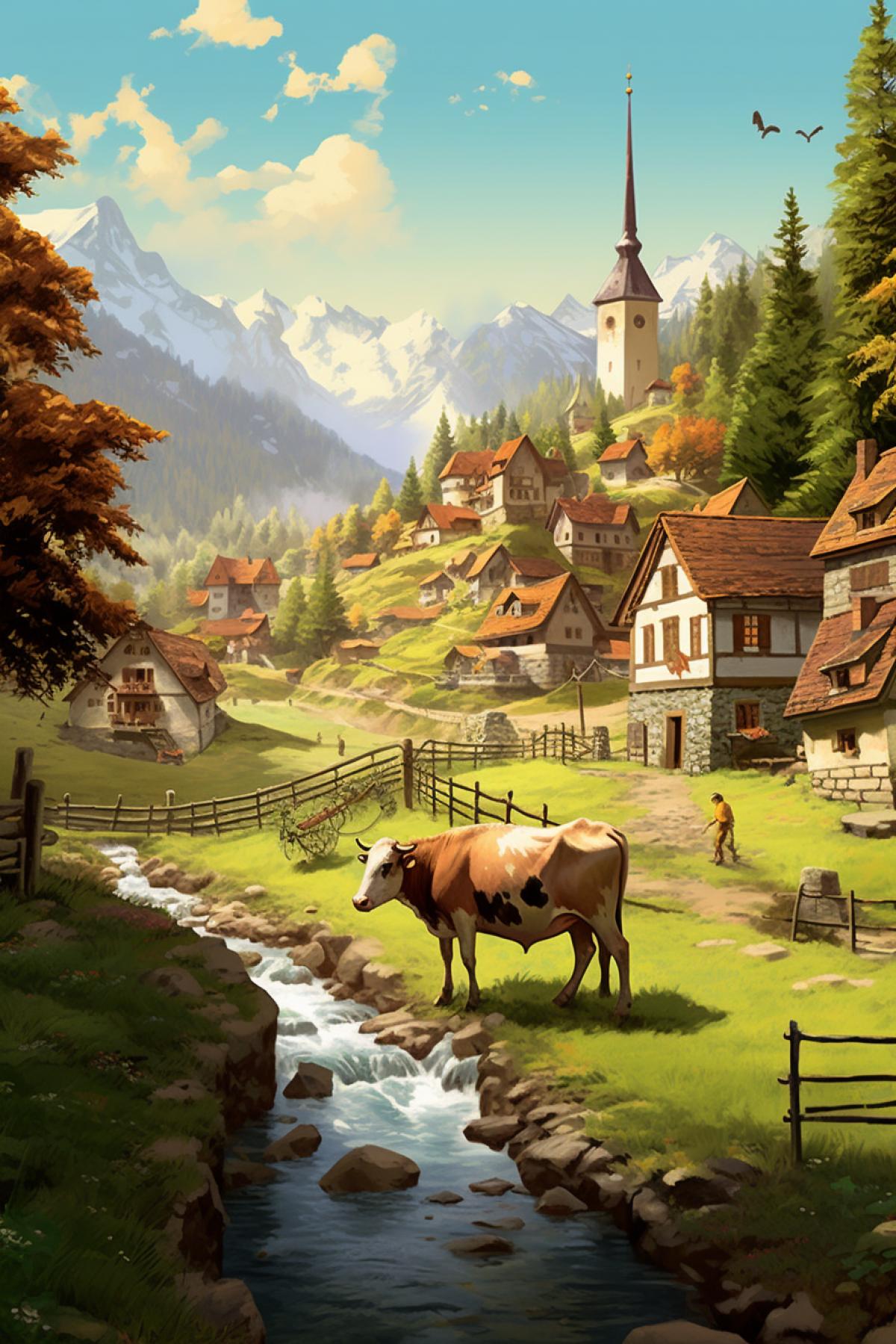 Beautiful village with a cow and trees