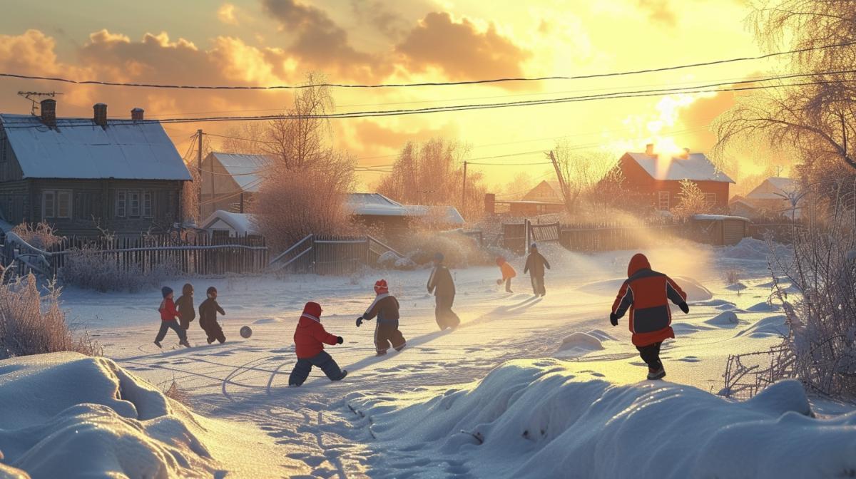 a winter morning of Russia, kids playing football together, village, beautiful, hd, animated