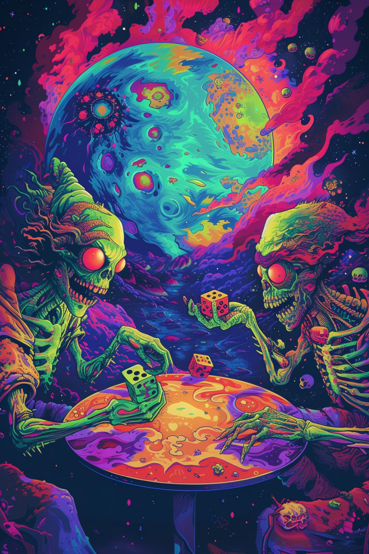 Two demons playing dice at small table high above the planet earth where the cruel nuclear war continues psychedelic rotating vibrant colours shocking overloaded with details
