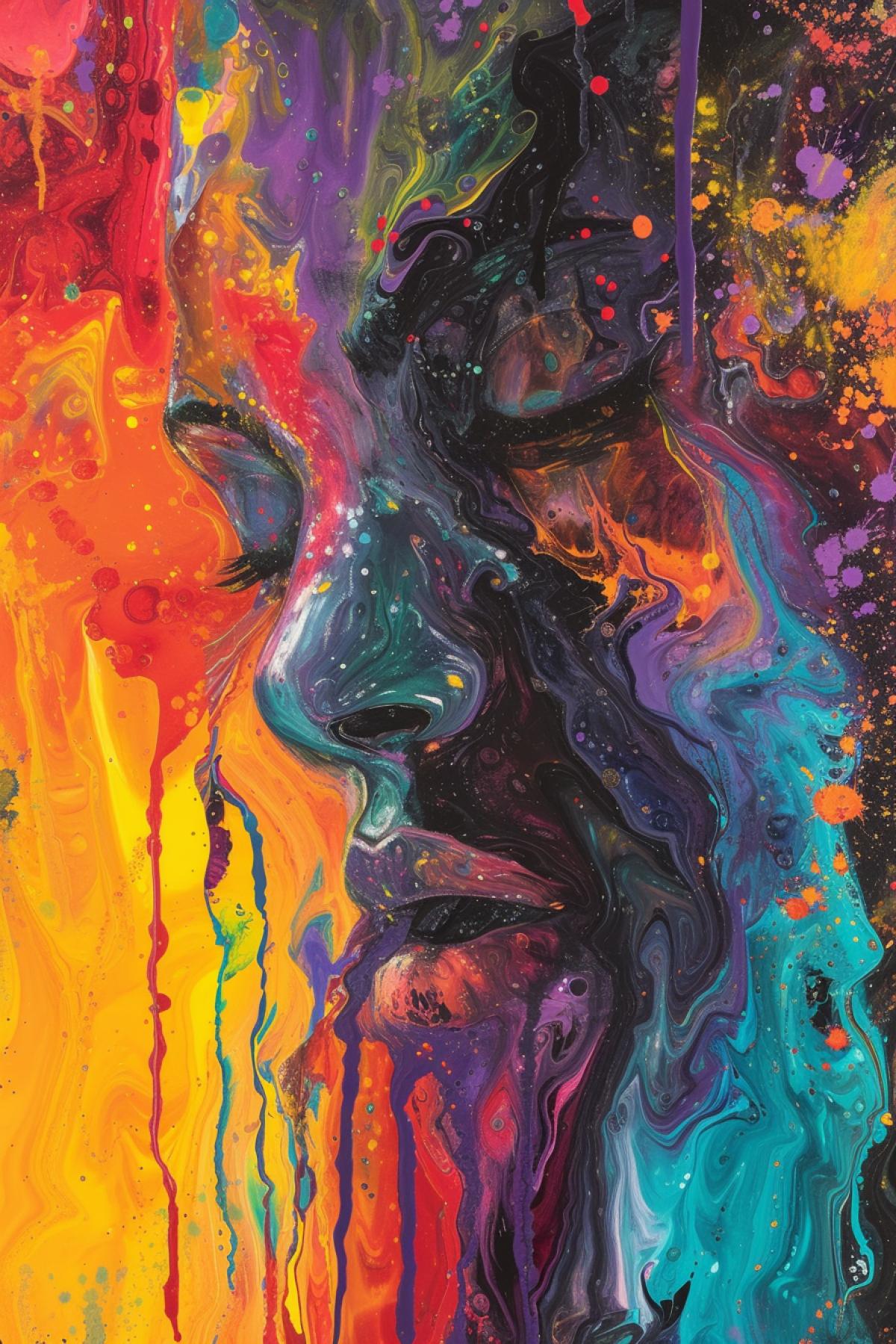 Me surrounded by frightening hallucination shaking trembling characters dragging out to me in the universe center vibrant colours abstract art