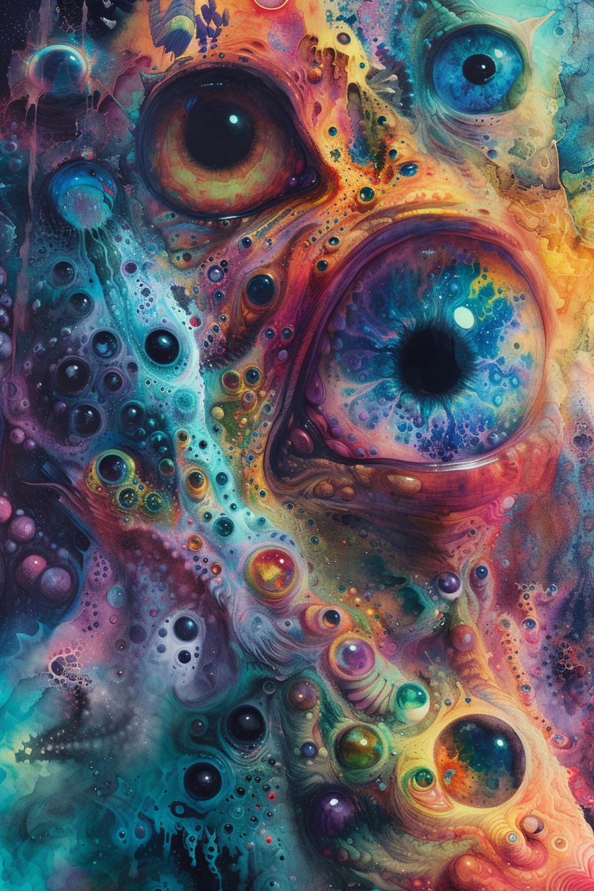 Multicoloured rotating catlike creatures with giant eyes surrounding me horror abstract