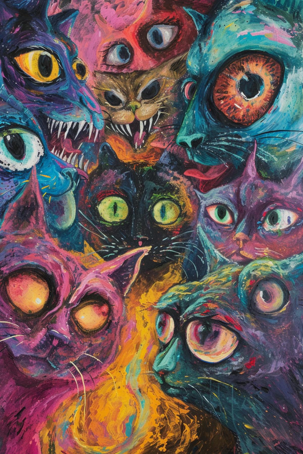 Multicoloured rotating catlike creatures with giant eyes surrounding me horror abstract