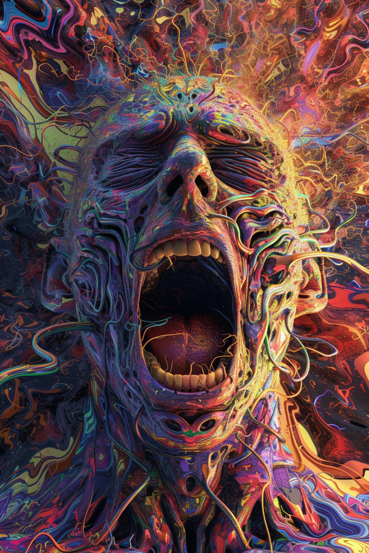 Psychedelic images of a nightmare, man, in the style of thiago valdi ,realistic depiction of light, solarizing master, cut/ripped, energetic frenzy ,highly detailed, packed with hidden details, style, high dynamic range, hyper realistic, realistic attention to detail, highly detailed, 32K, intense close ups, uhd image, realism, colorful realism