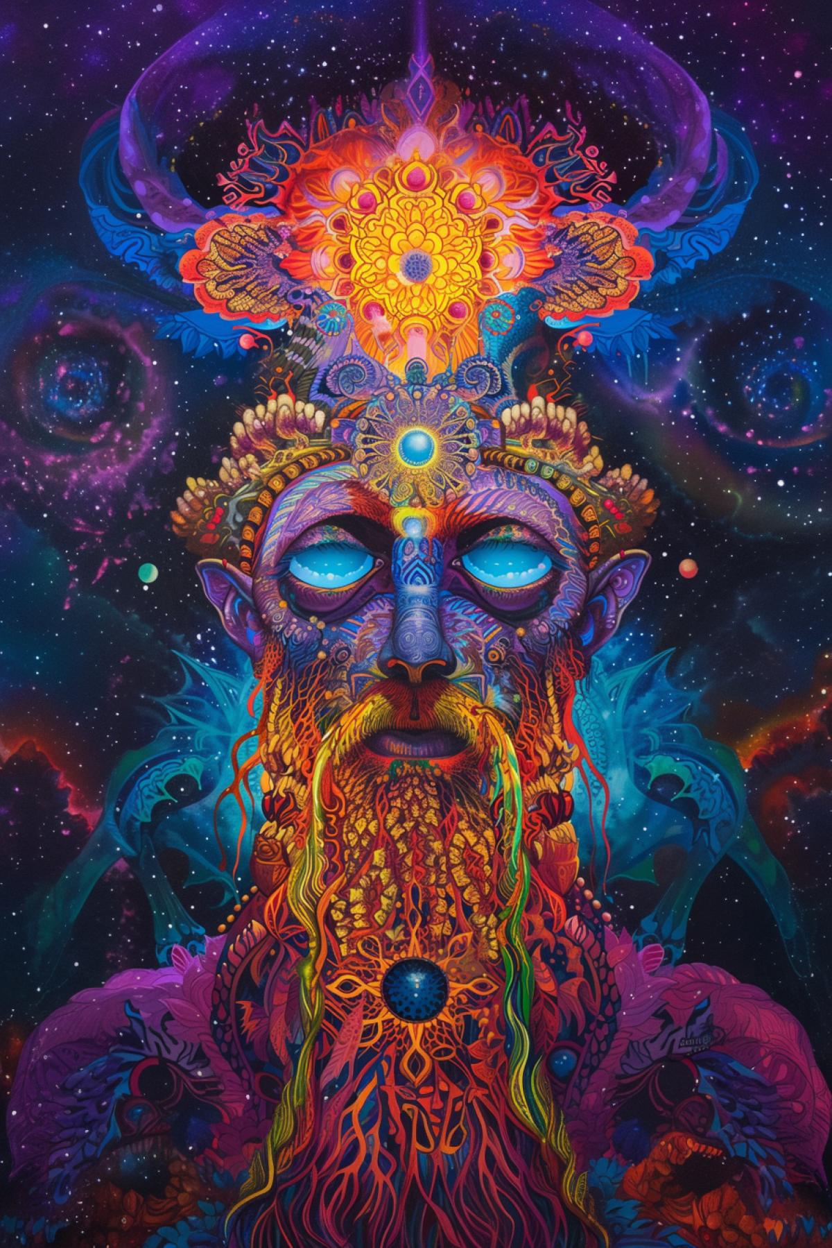 Indian god, space, time distortion, acid colors, psychedelic