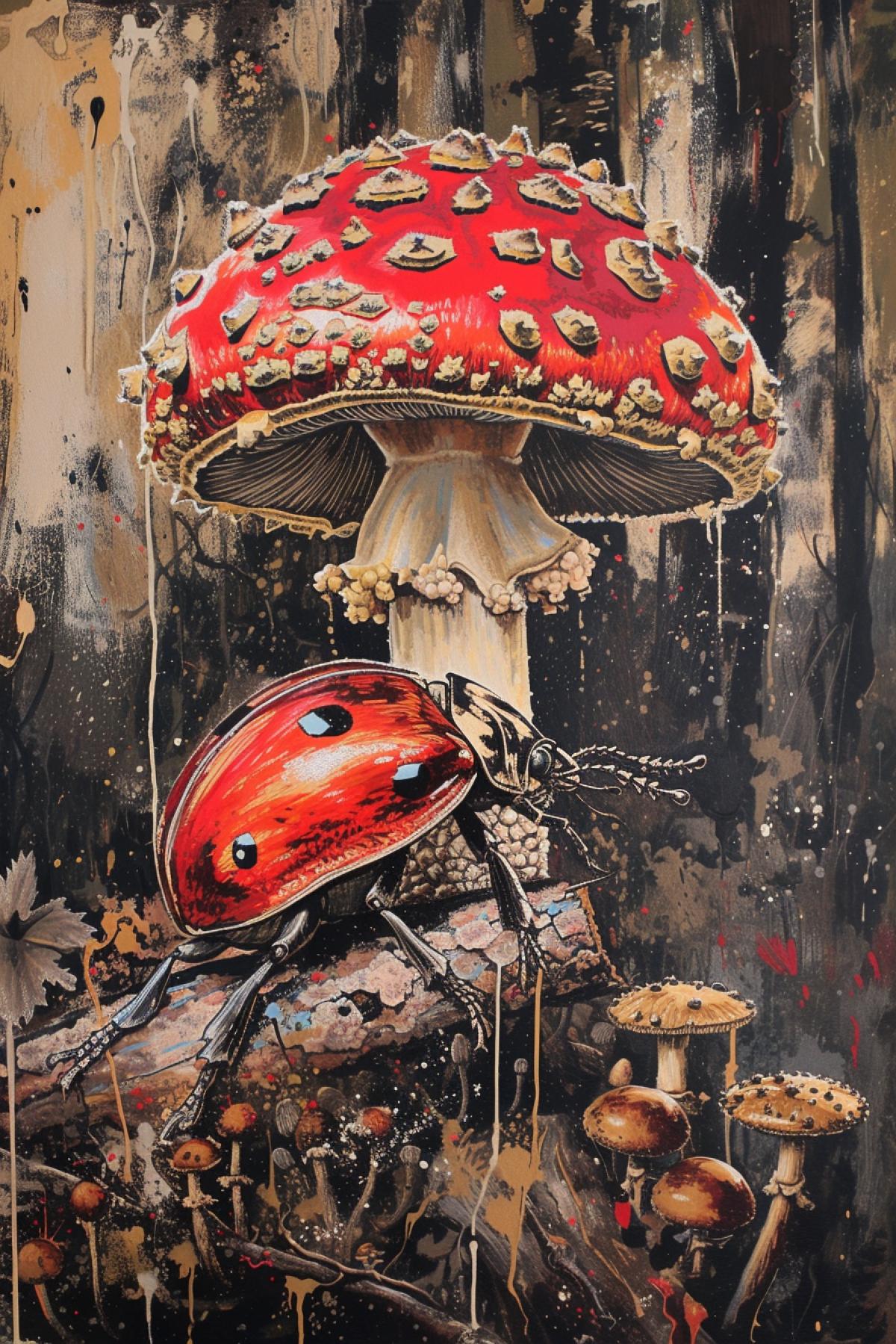 Fly agaric mushroom, beetle, bright and rich colors, psychedelic, time distortion