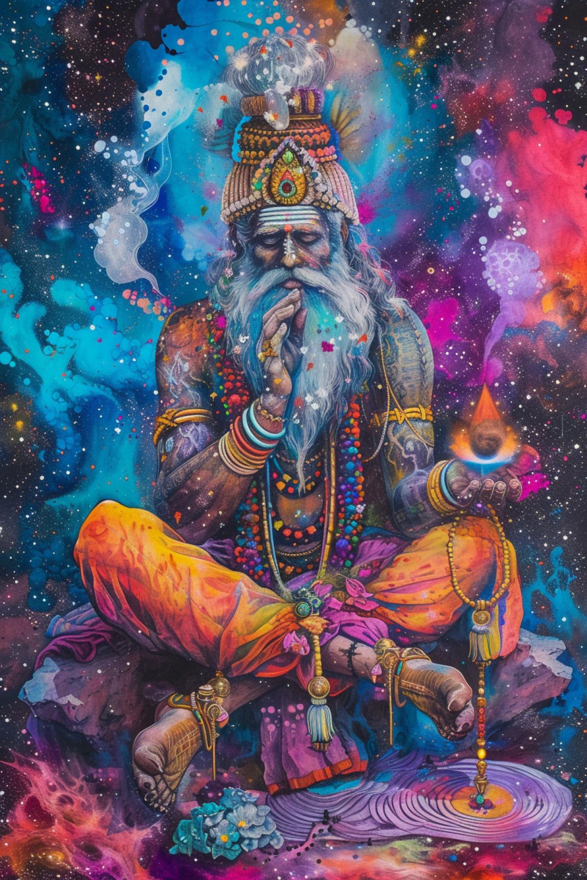 Indian god, space, time distortion, acid colors, psychedelic