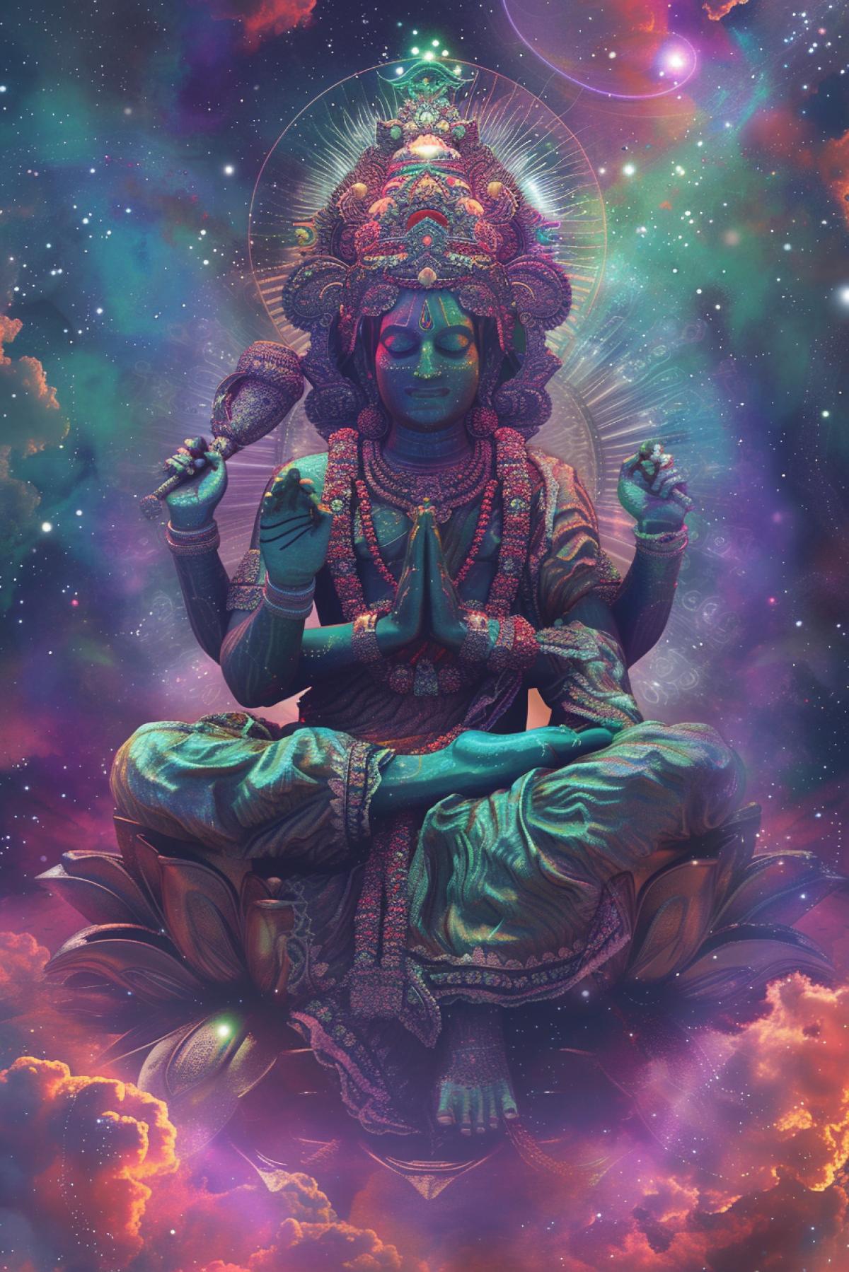 Indian god, space, time distortion, acid colors, psychedelic