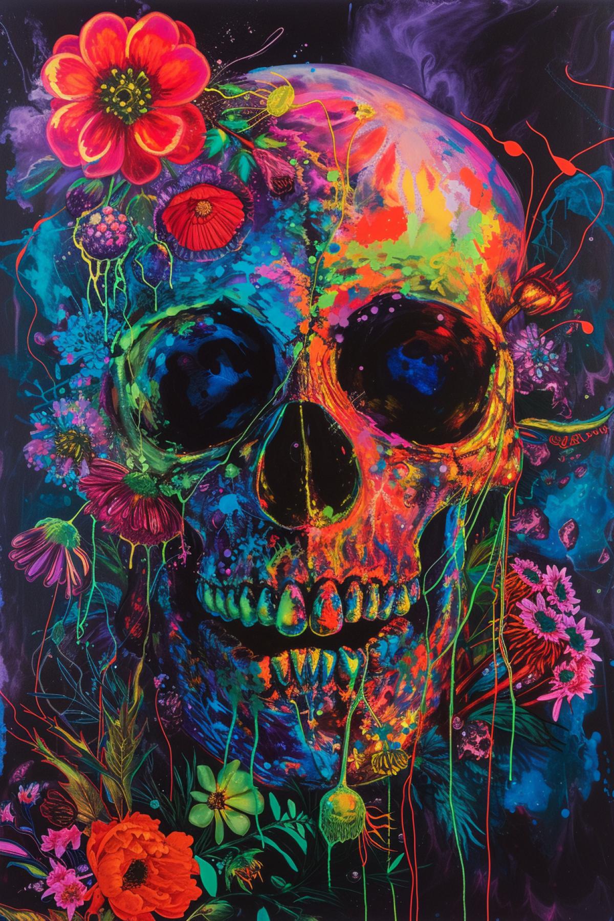 Skull with pigtails, flowers from another planet, bright and rich colors, psychedelic
