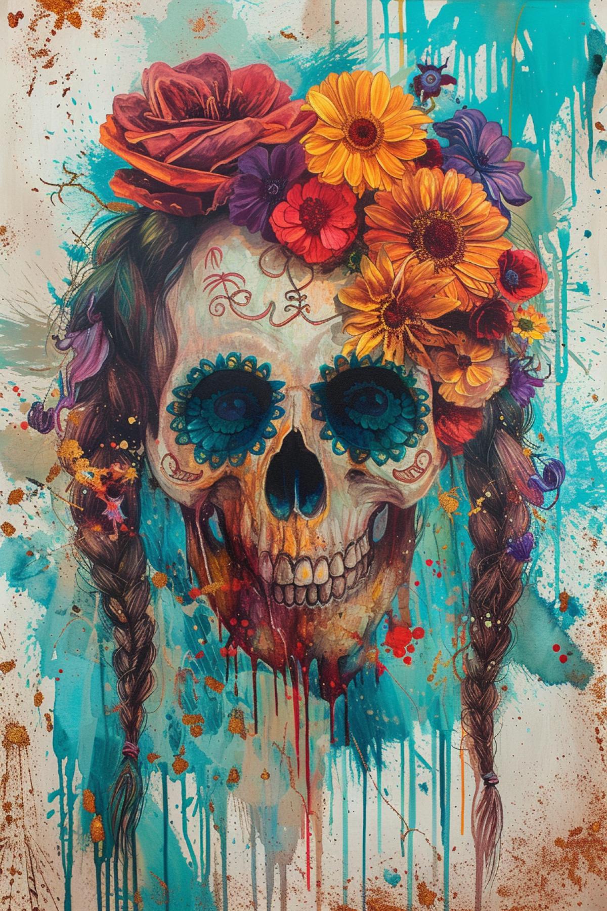 Skull with pigtails, flowers from another planet, bright and rich colors, psychedelic