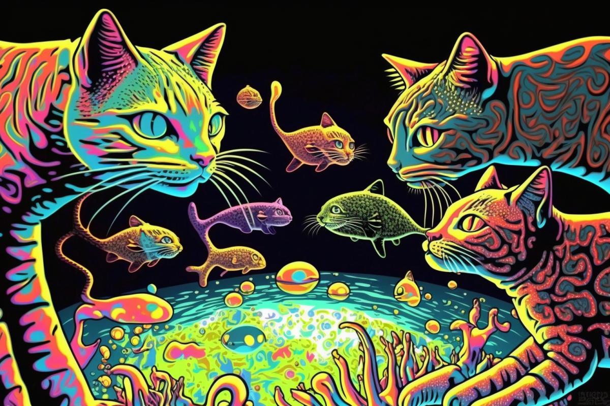 Psychedelic cats eat fish with LSD