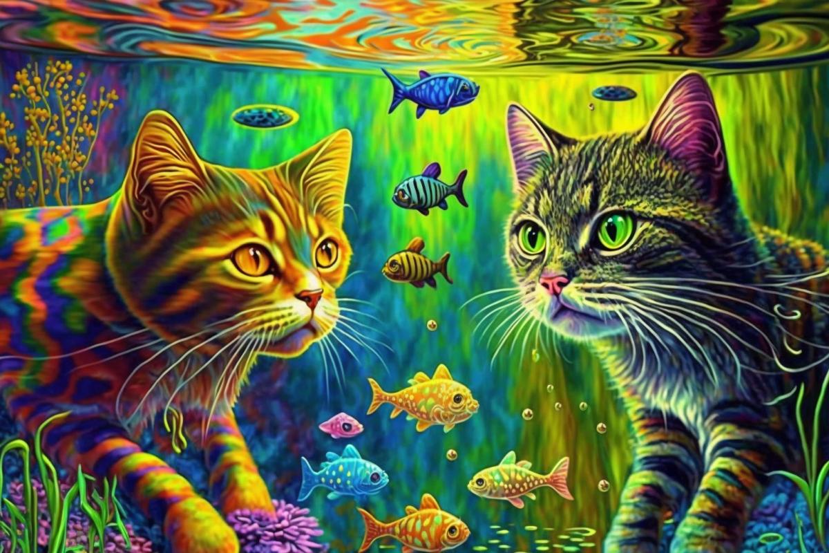 Psychedelic cats eat fish with LSD