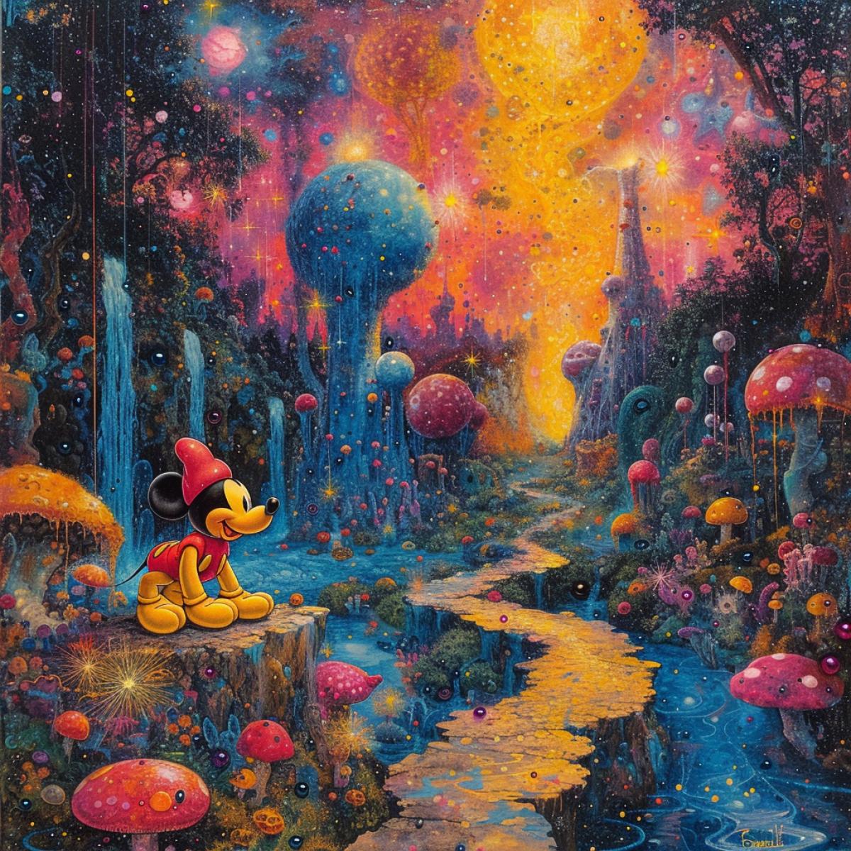 lsd trip by mickey mouse and winnie the pooh, ayahuasca, psilocybins, fly agaric, salvador dali, psychedelics, android jones style.