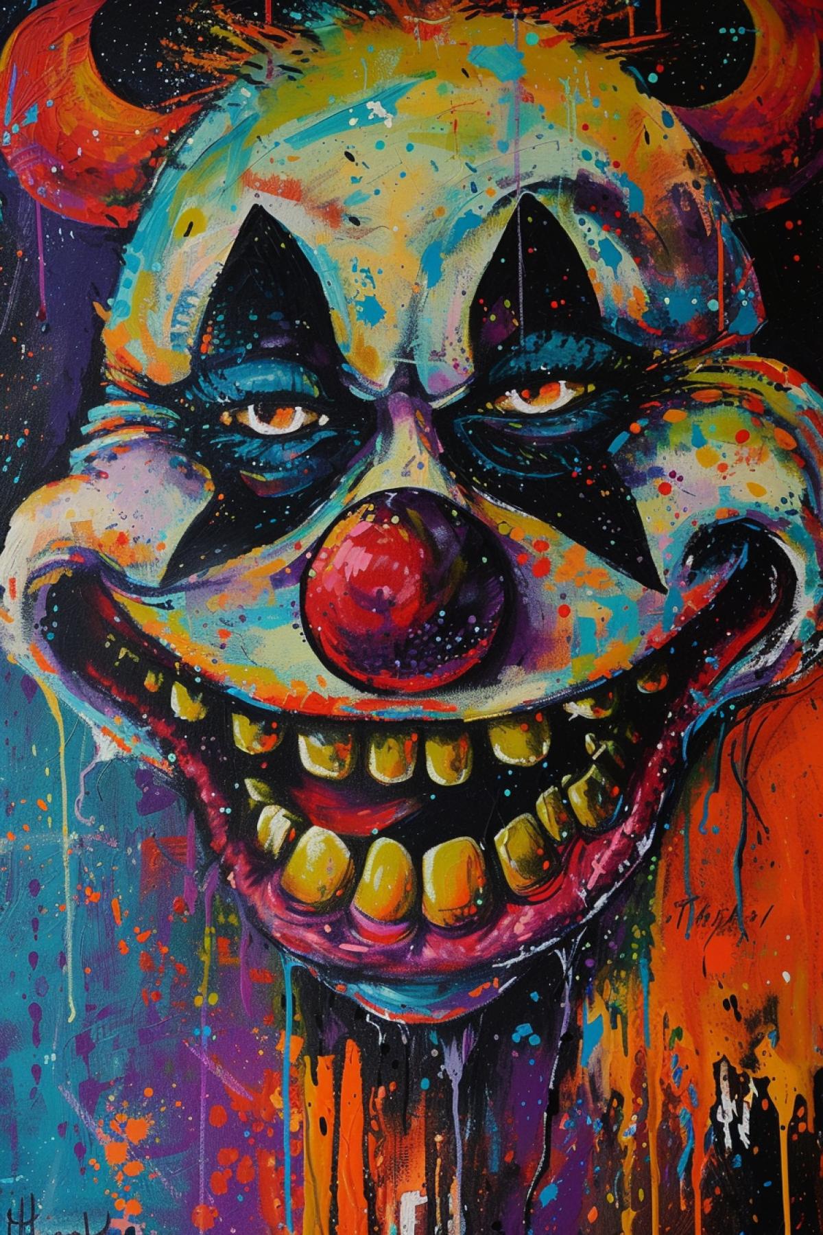 Pastafarianism, evil scary clown, creepy, big teeth, rich colors, psychedelic