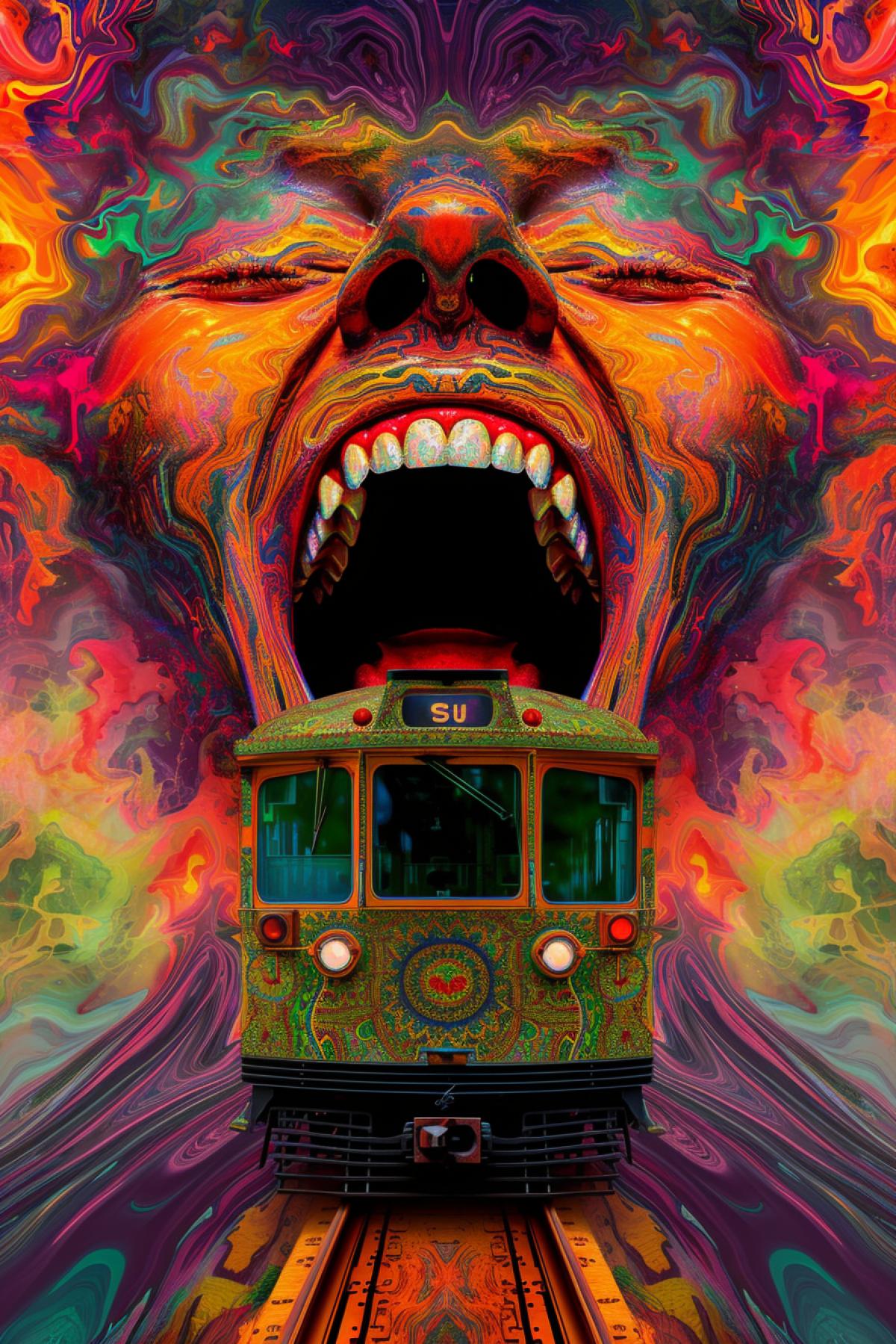 A train drives into an open mouth, sharp teeth, psychedelic, rich colors