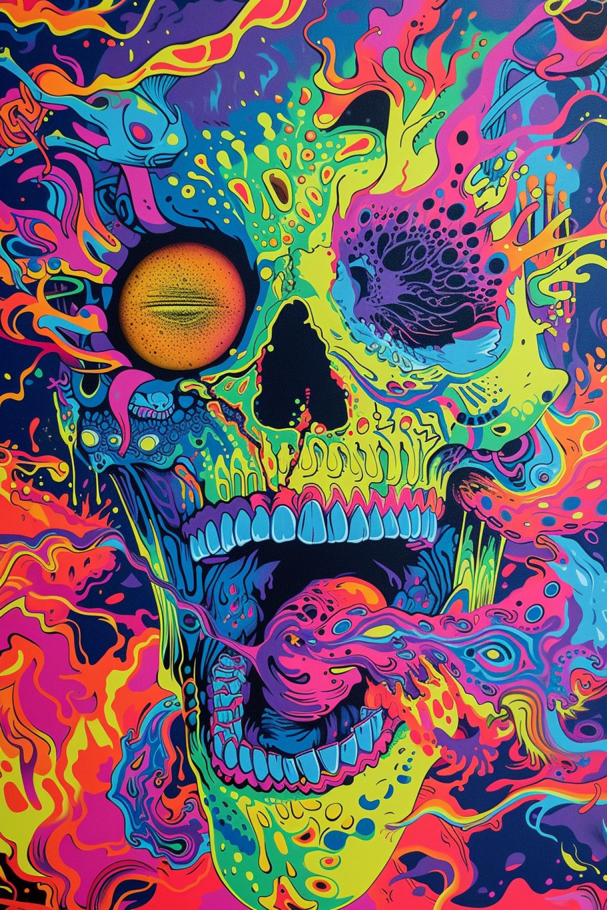 Psychedelic art of hell, demons, screaming skeletons and spirits, surrealistic, fluorescent colours, psychotic, creepy, horror, crazy, dynamic