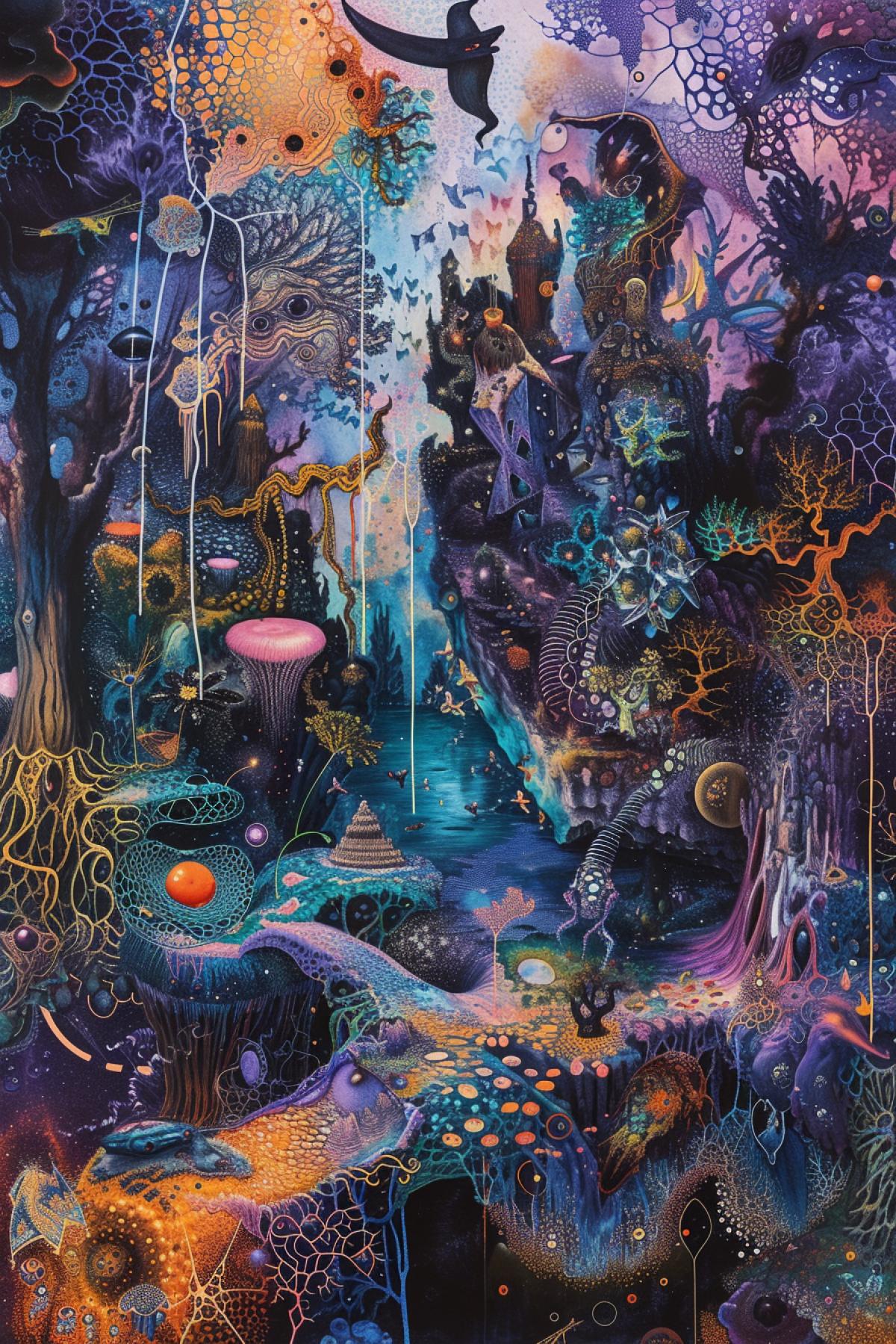 A surrealist painting that depicts a dreamlike scene with floating islands, bizarre fractal creatures, and distorted perspectives, inspired by Salvador Dalí and Max Ernst, with intricate details and vibrant, psychedelic colors