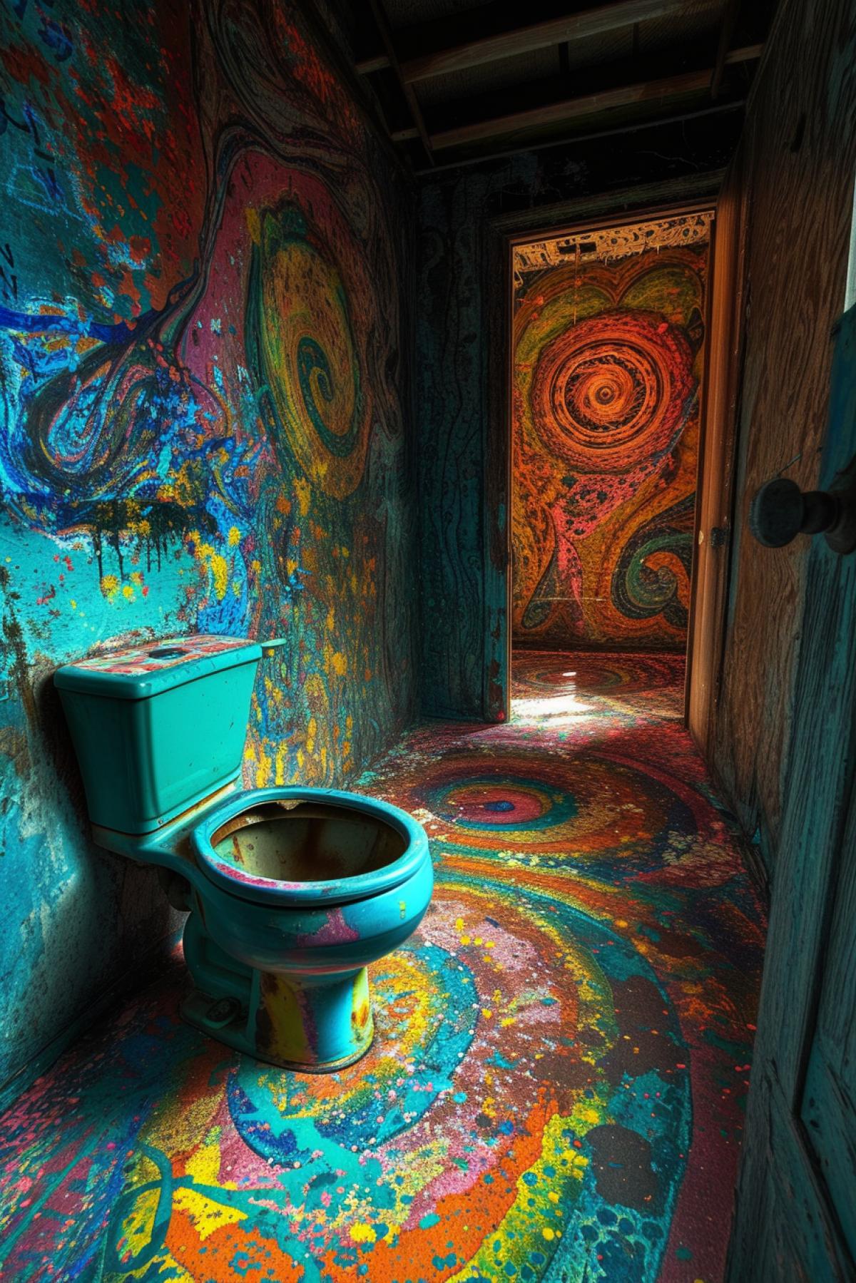 Psychedelic toilet in schizophrenic room, surrealism